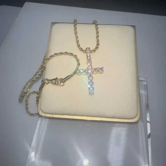 Cubic Zirconia Cross Pendant Necklace Gold Plate Stainless Steel - Picture 3 of 9